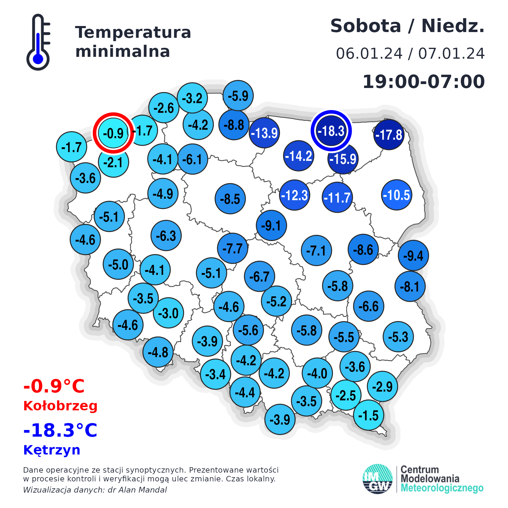 Temperatura minimalna w nocy z 6 na 7 stycznia 2024