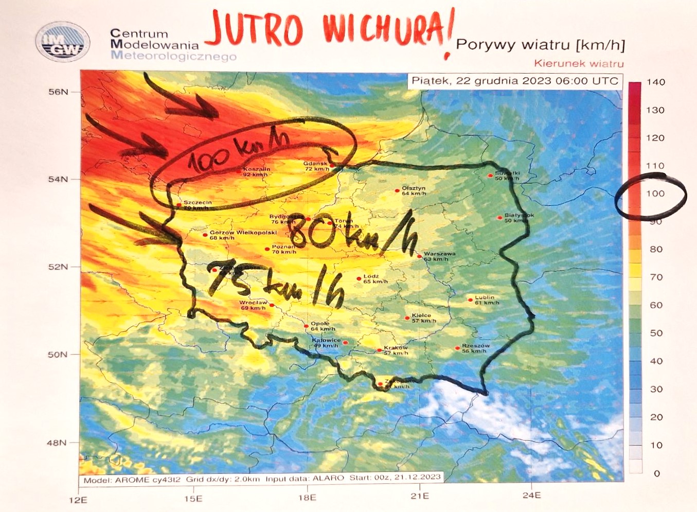 Prognozowane porywy wiatru o godzinie 7 w piątek 22.12