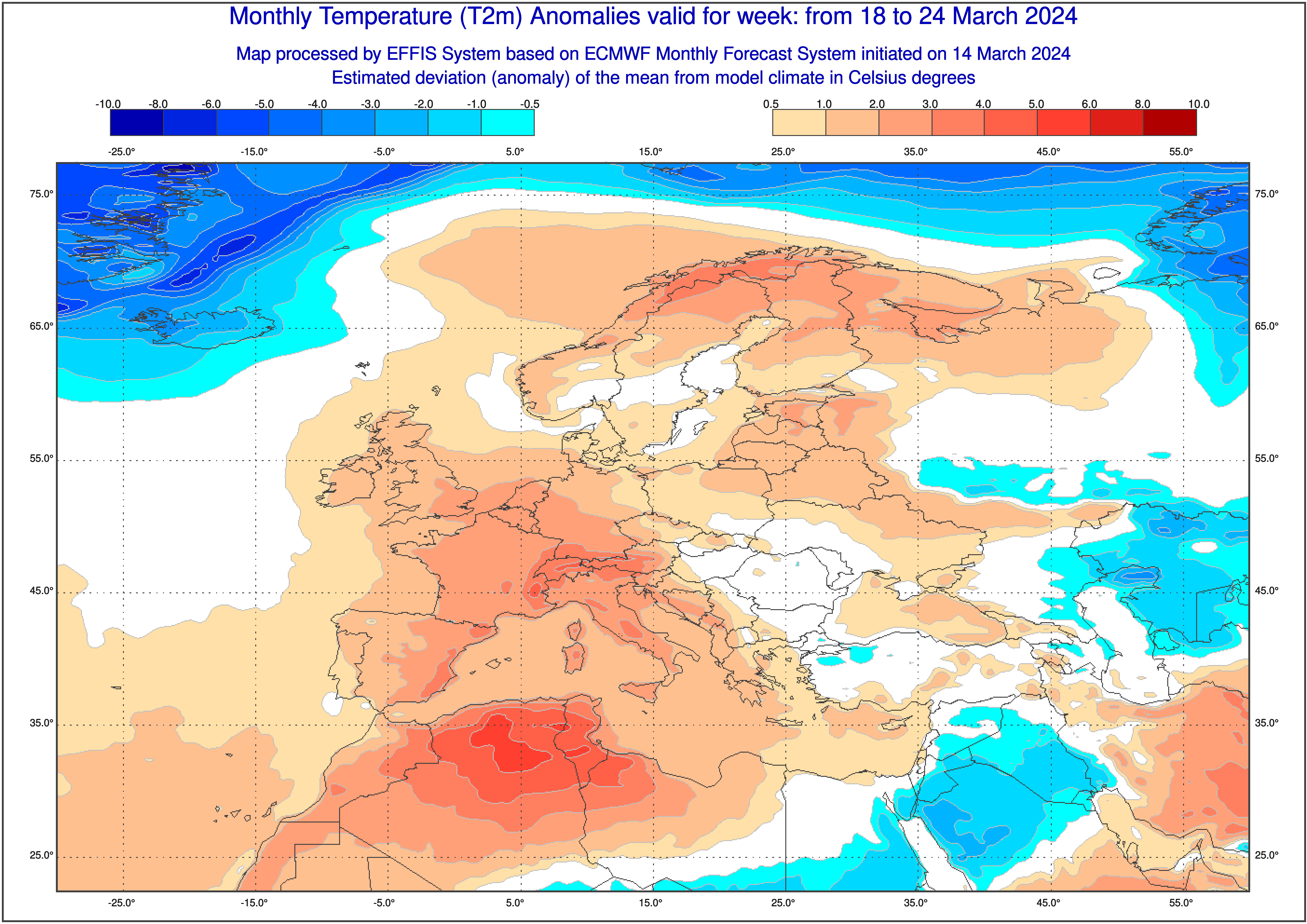Prognoza odchylenia średniej temperatury od normy wieloletniej w dniach 18-24 marca 2024 r.