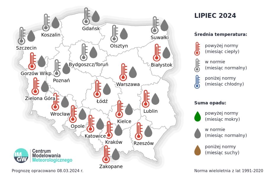 Prognoza średniej miesięcznej temperatury powietrza i miesięcznej sumy opadów atmosferycznych na lipiec 2024 r. dla wybranych miast w Polsce