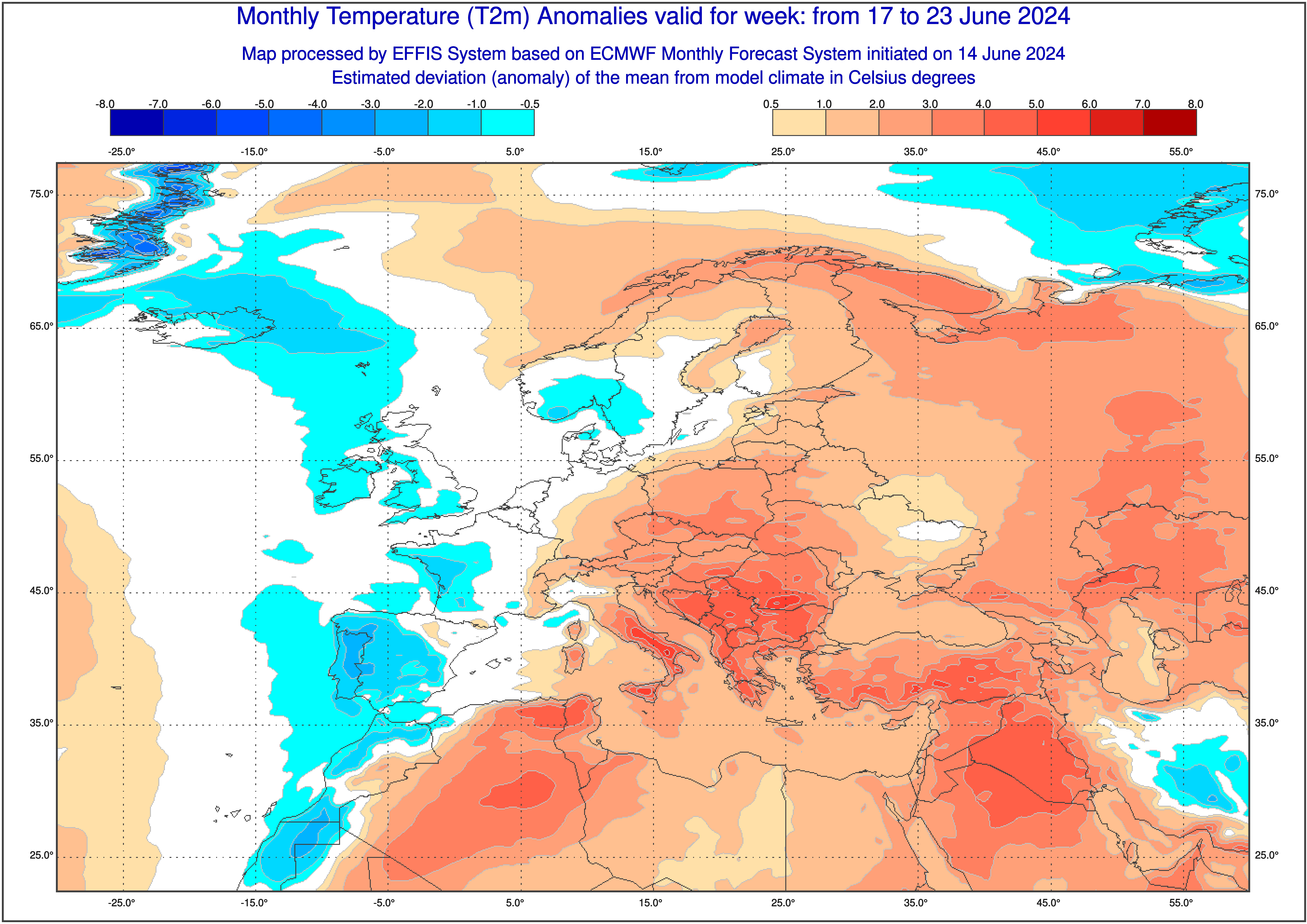 Prognoza odchylenia temperatury w Polsce od 17 do 23 czerwca 