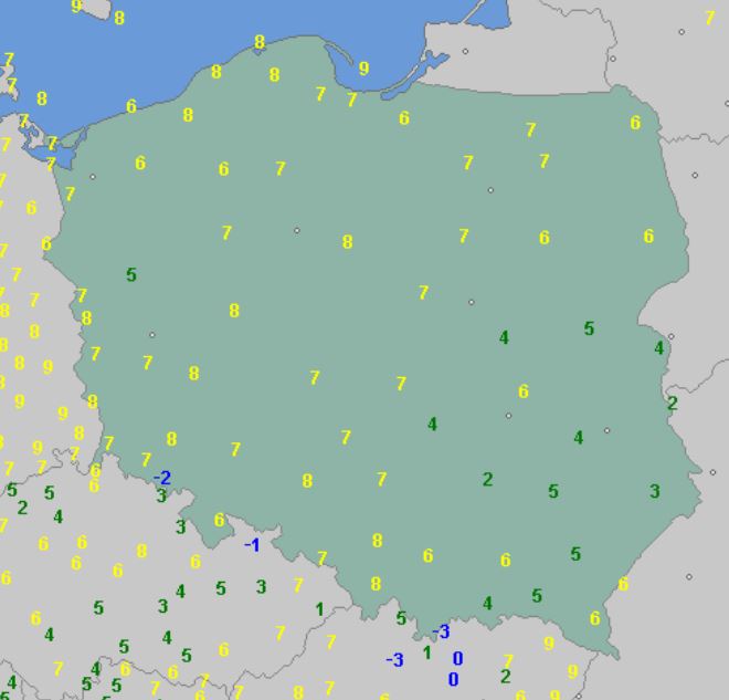 Temperatura powietrza o godzinie 6 w środę 8 listopada 