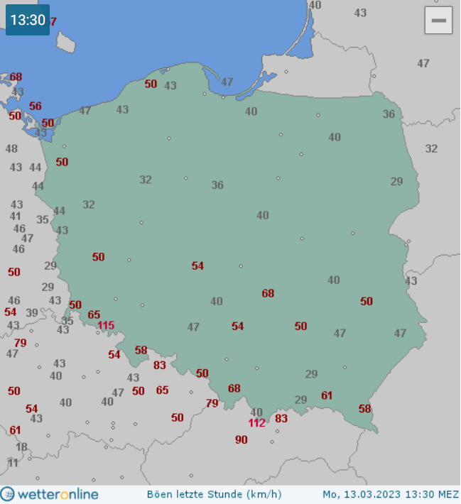 Porywy wiatru w poniedziałek ok. godz. 13.30