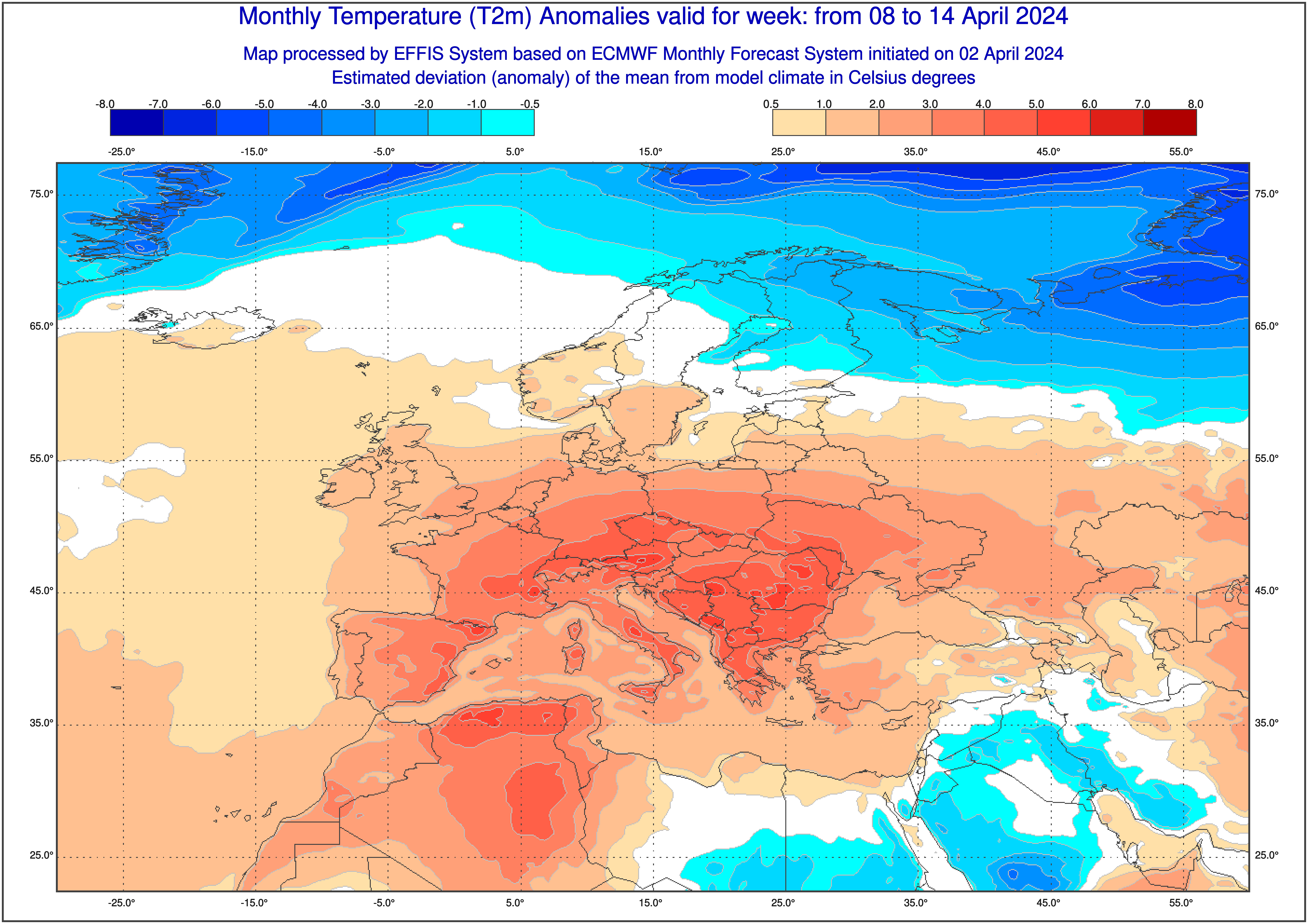 Prognoza odchylenia średnia temperatury od normy w dniach 8-14 kwietnia