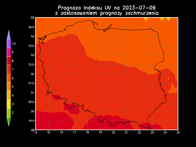 Prognoza indeksu UV na niedzielę 9.07.2023 z zastosowaniem prognozy zachmurzenia