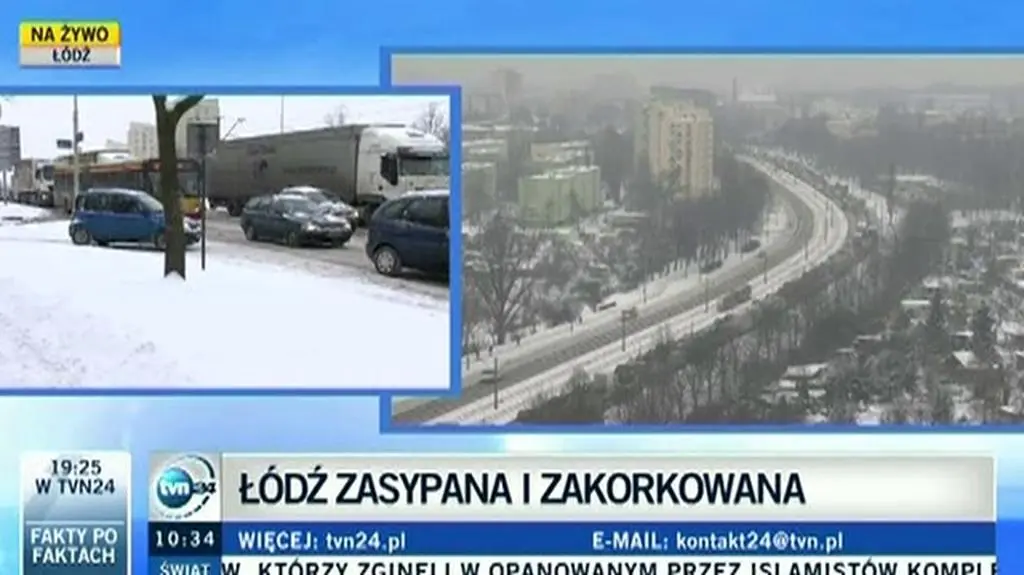 Łódź stoi przez opady śniegu (TVN24)