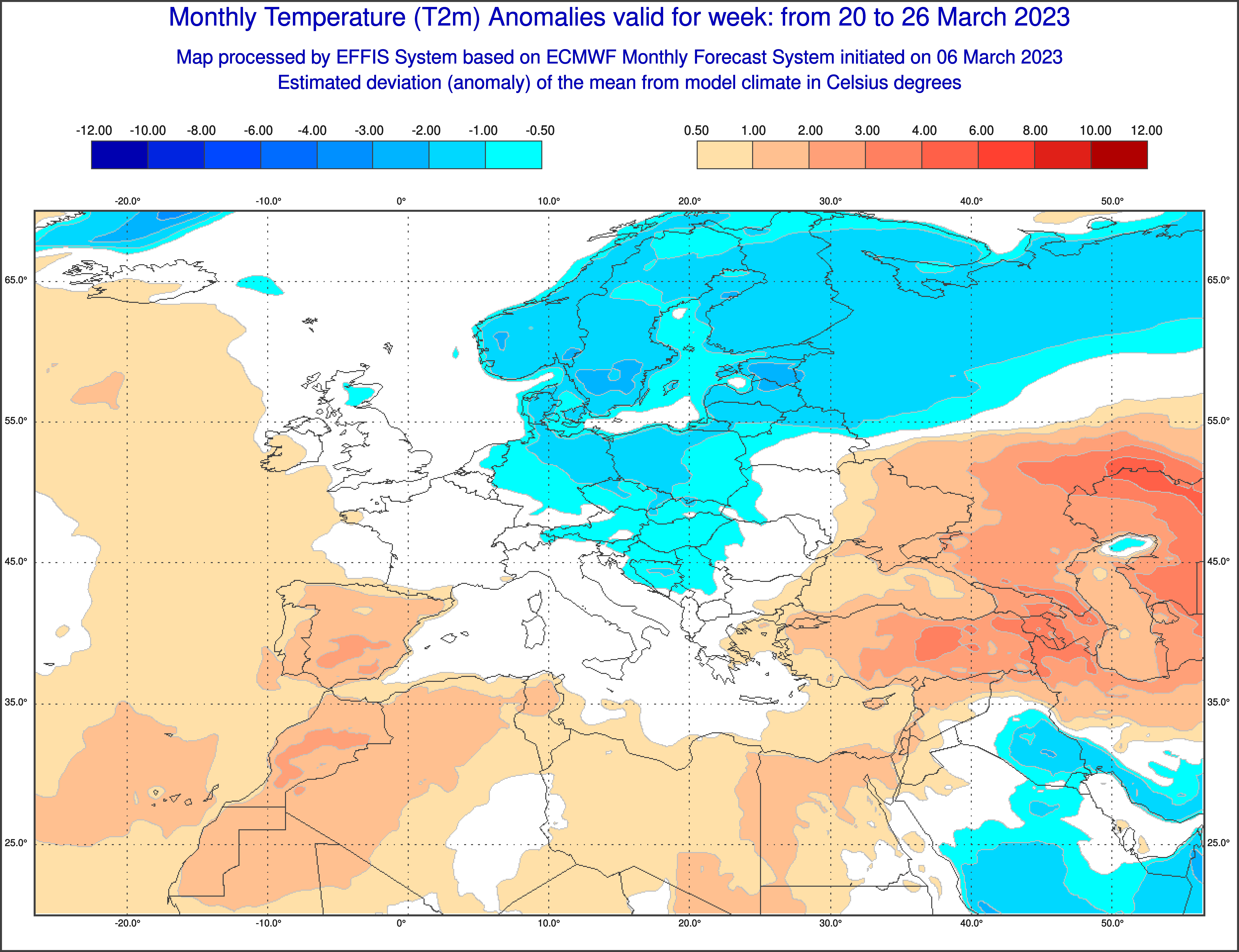Prognoza odchylenia temperatury od średniej w dniach 20-26 marca od normy wieloletniej dla tego miesiąca