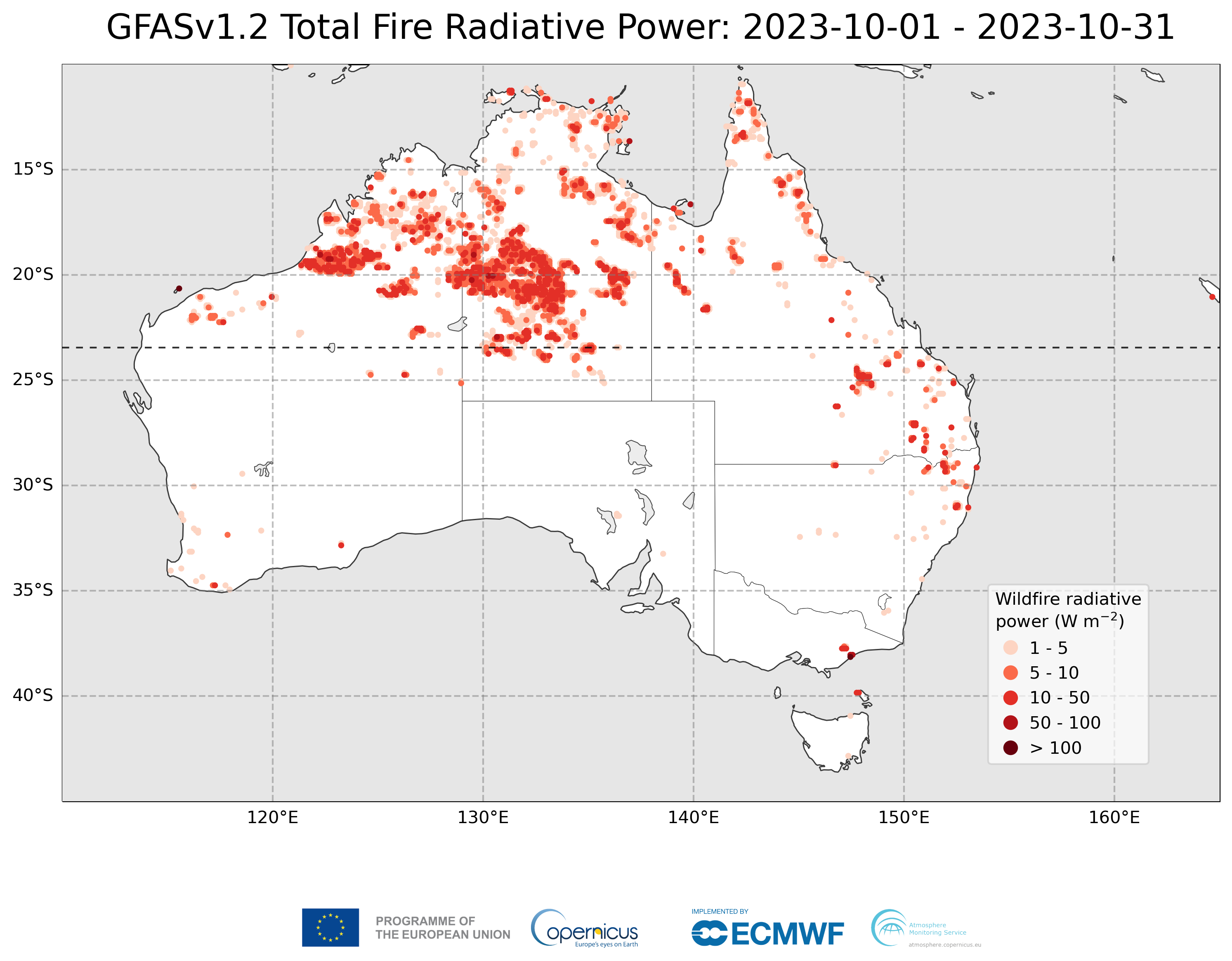 Lokalizacje pożarów i Ogniowa Moc Radiacyjna pożarów nad Australią w październiku 2023 roku