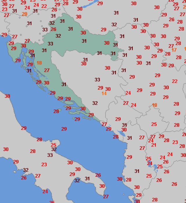 Temperatura maksymalna w poniedziałek w Chorwacji 