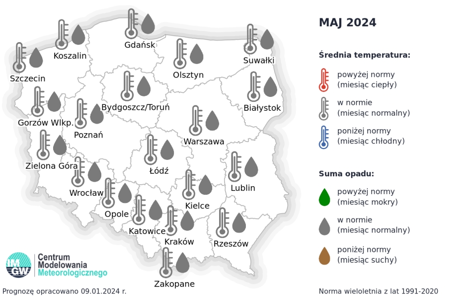 Prognoza średniej miesięcznej temperatury powietrza i miesięcznej sumy opadów atmosferycznych na maj 2024 r. dla wybranych miast w Polsce