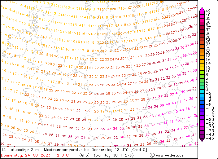 Prognoza temperatury przy ziemi na 24 sierpnia według modelu GFS/wetter3.de