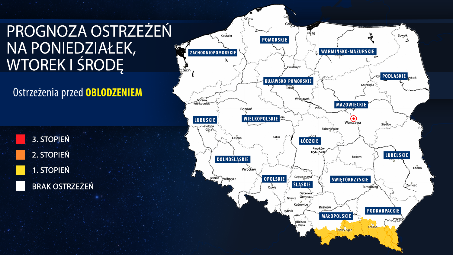 Prognoza zagrożeń meteorologicznych na poniedziałek, wtorek i środę