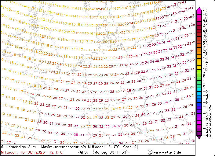Prognoza temperatury przy ziemi w środę 16 sierpnia według modelu GFS/wetter3.de