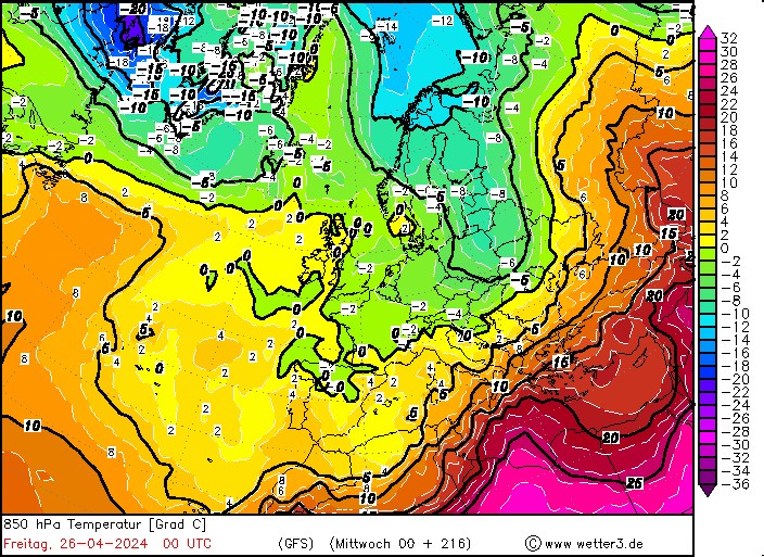 Jęzor zimna nad Europą prognozowany 26 kwietnia
