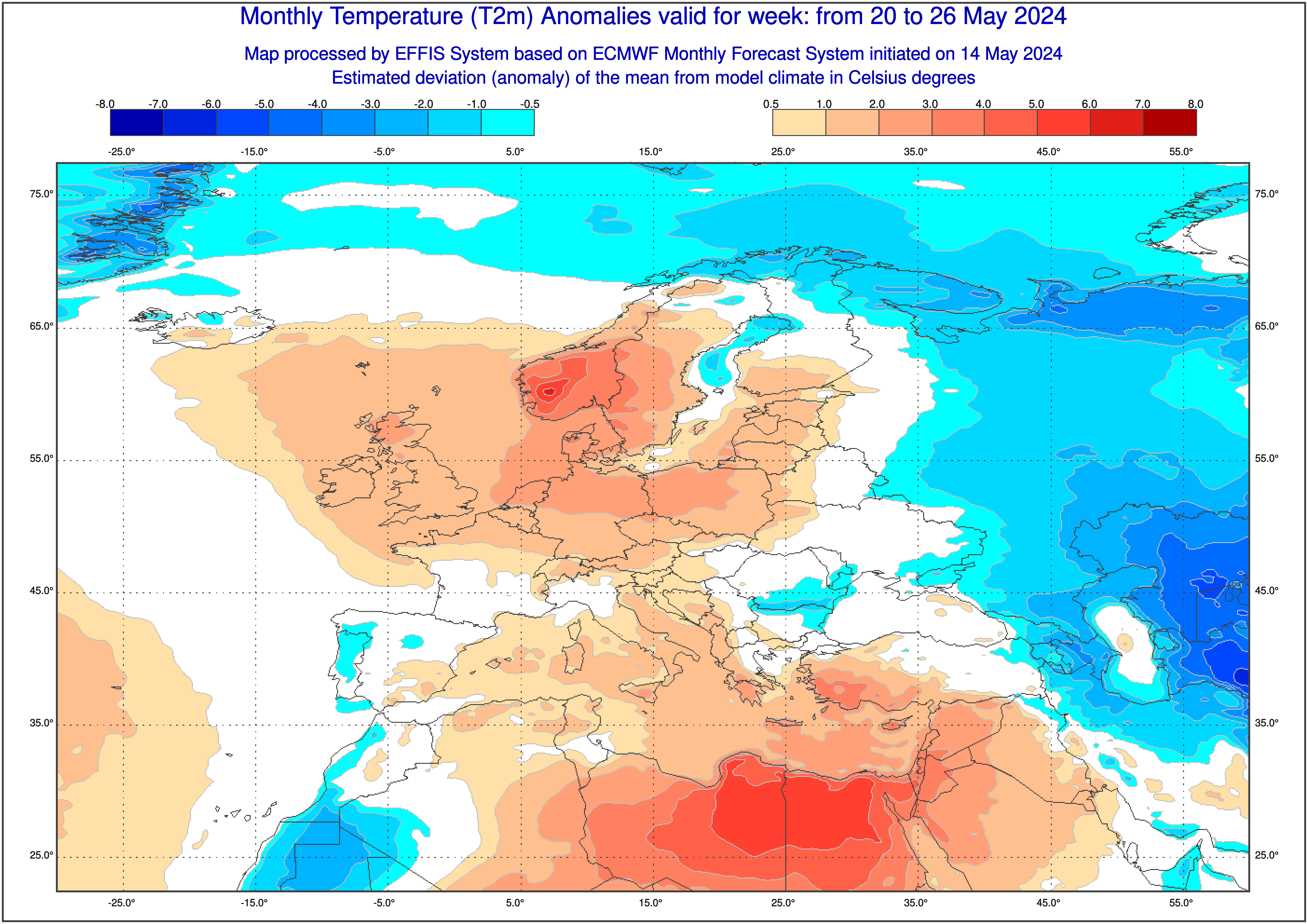 Prognoza odchylenia temperatury od średniej w dniach od 20 do 26 maja