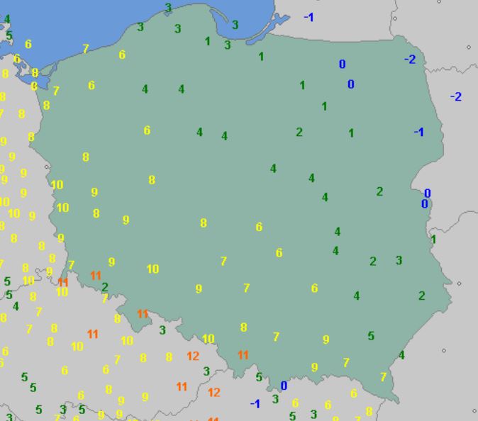 Temperatura powietrza o godzinie 6 w poniedziałek