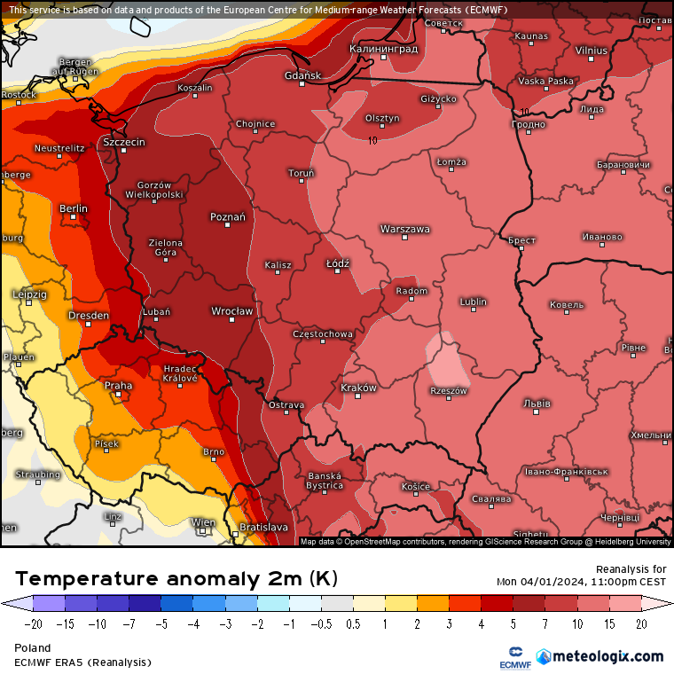 Odchylenie temperatury 1 kwietnia 2024 w południe od normy z wielolecia