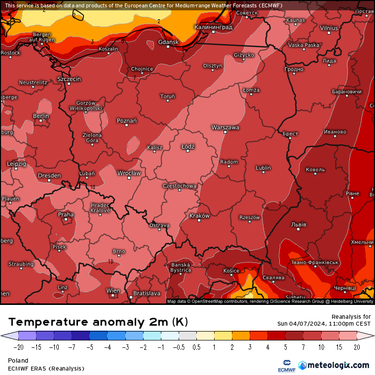 Odchylenie temperatury 7 kwietnia 2024 w południe od normy z wielolecia