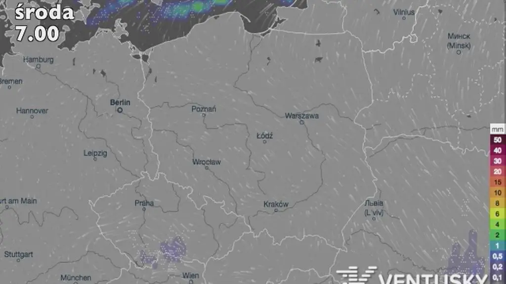 Opady atmosferyczne w Polsce (źródło: Ventusky)