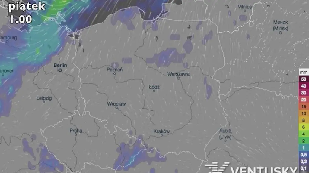 Opady deszczu w nadchodzących dniach (źródło: Ventusky)