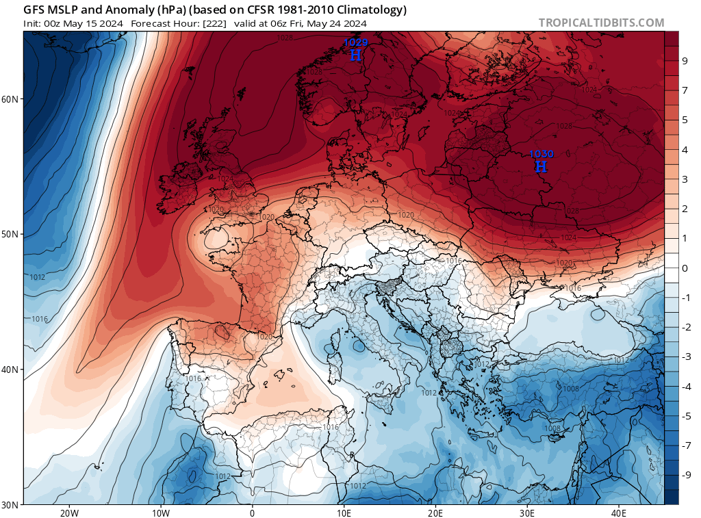 Prognozowany wał wyżowy nad Europą 24 maja, prognoza pola barycznego i odchylenia na plus ciśnienia atmosferycznego