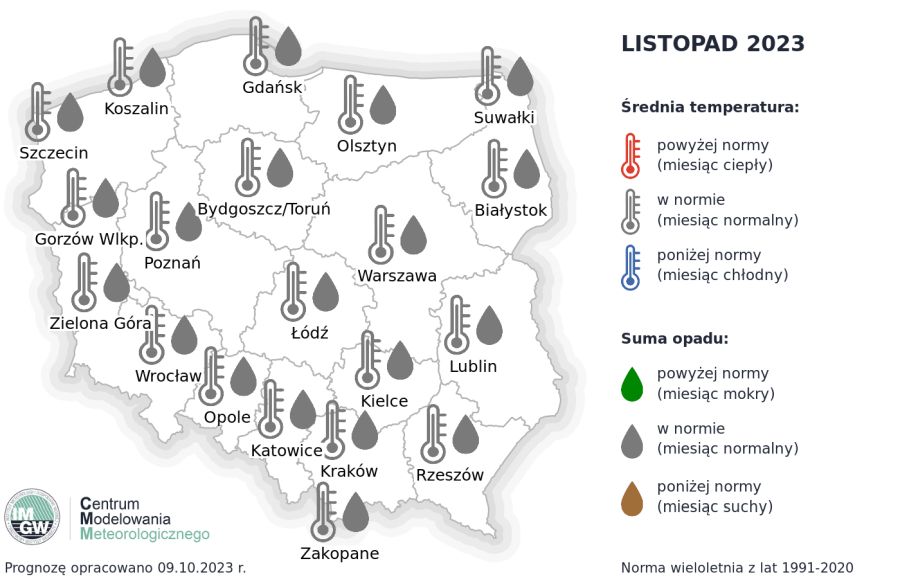 Prognoza średniej miesięcznej temperatury powietrza i miesięcznej sumy opadów atmosferycznych na listopad 2023 r. dla wybranych miast w Polsce