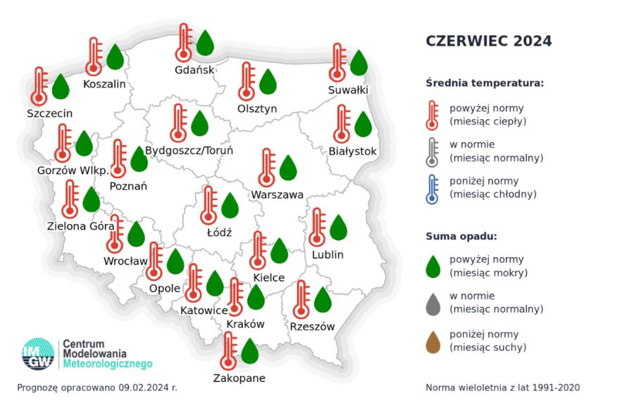 Prognoza średniej miesięcznej temperatury powietrza i miesięcznej sumy opadów atmosferycznych na czerwiec 2024 r. dla wybranych miast w Polsce