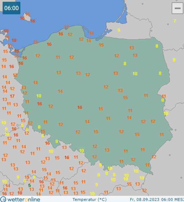 Temperatura w Polsce 8.09 ok. godz. 6