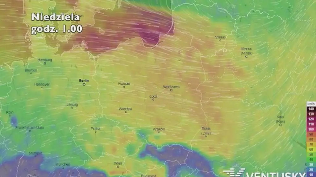 Porywy wiatru w kolejnych dniach (ventusky