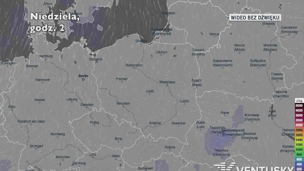 Potencjalny rozwój burz w najbliższych dniach (Ventusky.com)