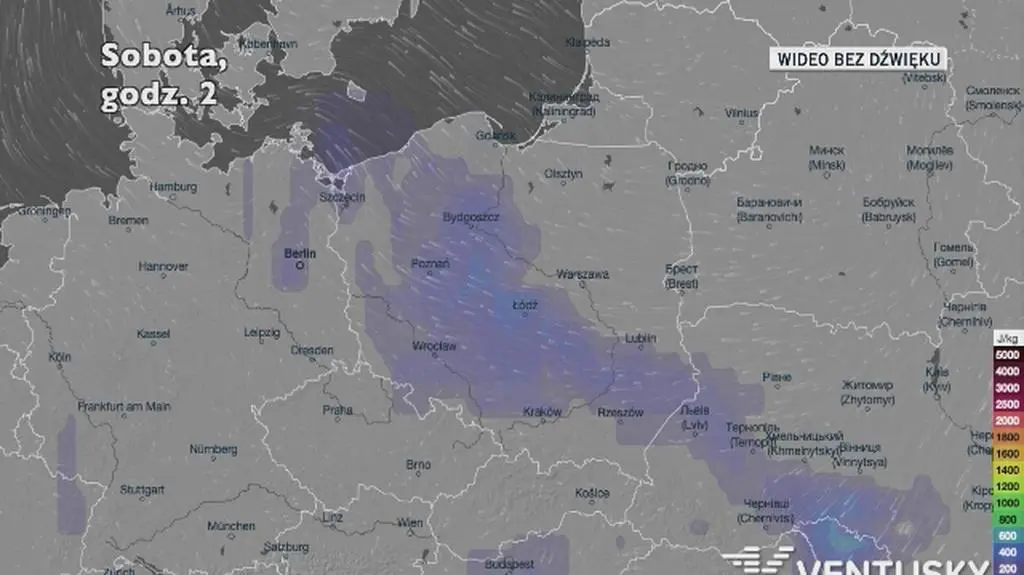 Potencjalny rozwój burz w najbliższych dniach (Ventusky