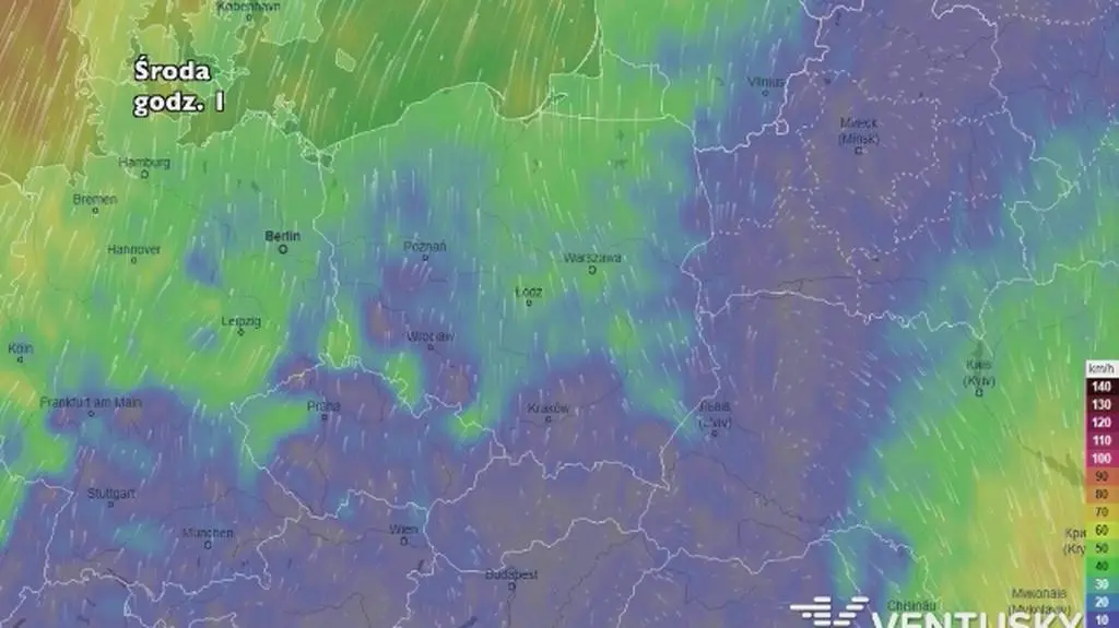 Prędkość porywów wiatru w środę (ventusky