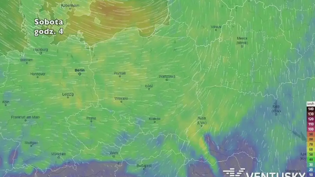 Prędkość porywów wiatru w weekend (ventusky