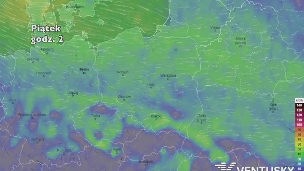 Prędkość wiatru w porywach w najbliższych dniach (ventusky