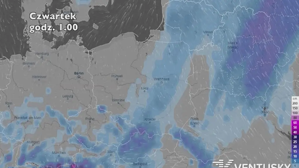 Prognoza grubości pokrywy śnieżnej na pięć dni (ventusky