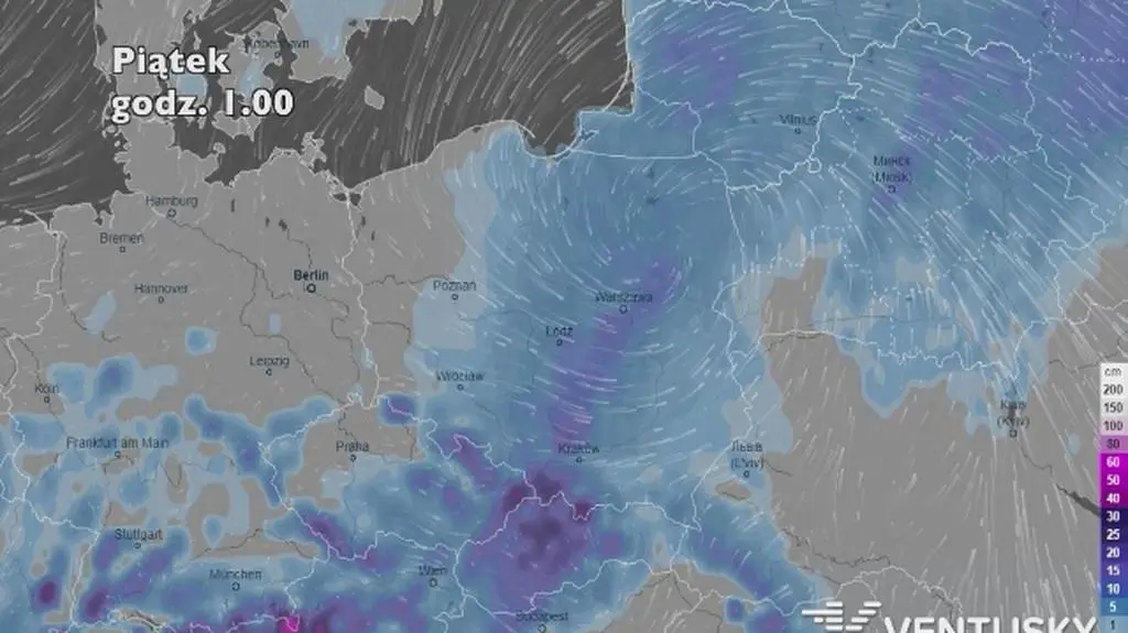 Prognoza grubości pokrywy śnieżnej na pięć dni (ventusky
