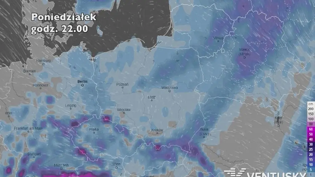 Prognoza grubości pokrywy śnieżnej na pięć dni (ventusky