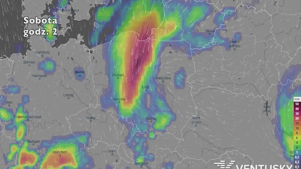 Prognoza opadów na najbliższe dni (ventusky