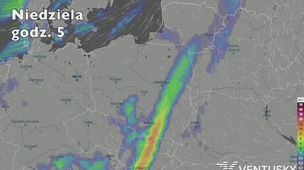 Prognoza opadów na niedzielę (Ventusky