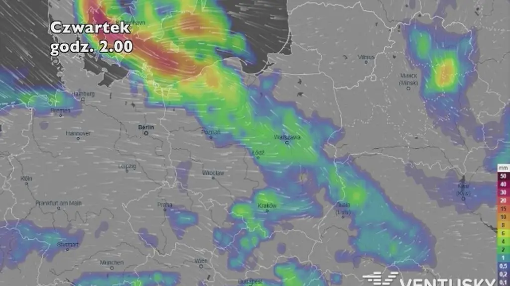 Prognoza opadów na pięć dni (ventusky