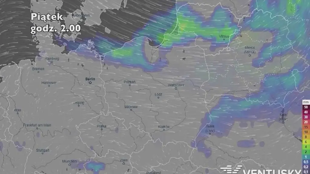 Prognoza opadów na pięć dni (ventusky