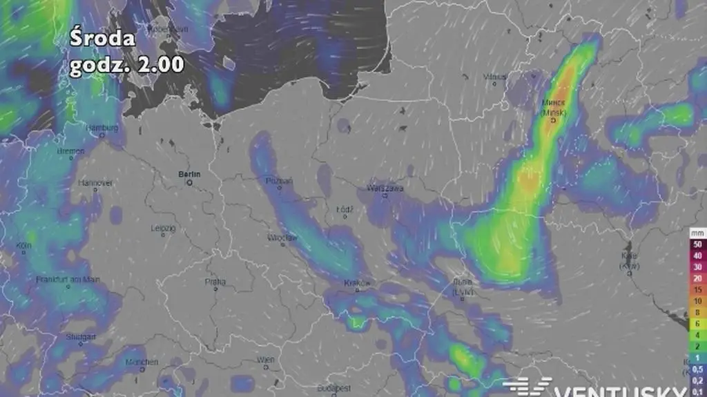 Prognoza opadów na pięć dni (ventusky