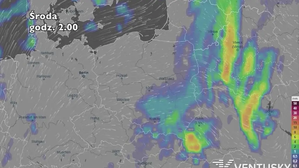 Prognoza opadów na pięć dni (ventusky