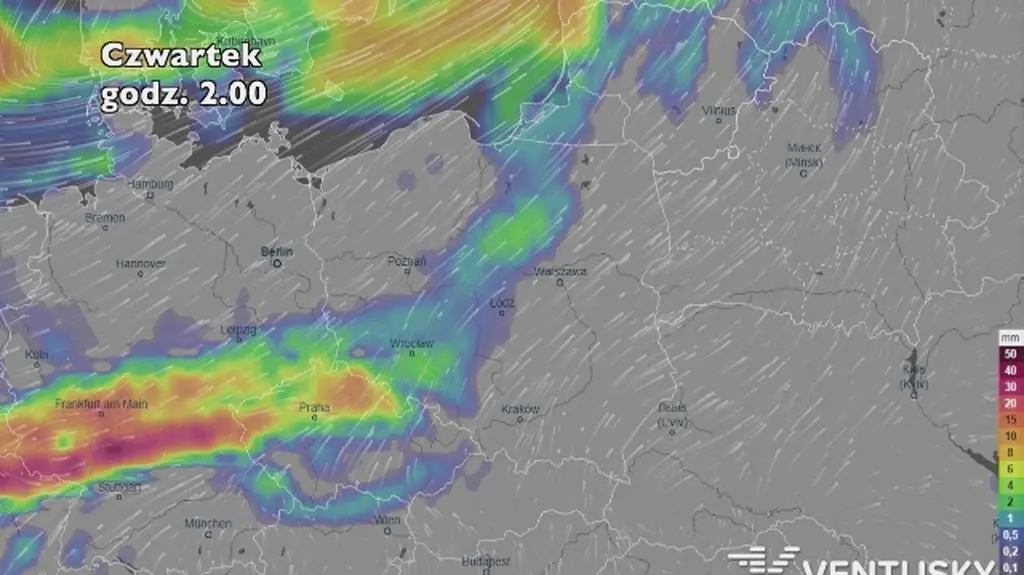 Prognoza opadów na pięć dni (ventusky