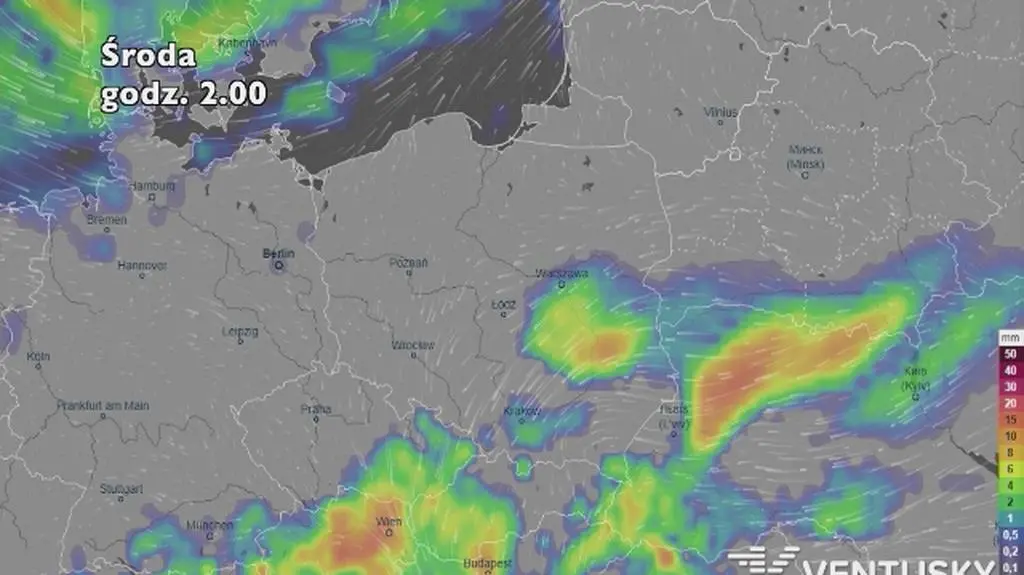 Prognoza opadów na pięć dni (ventusky