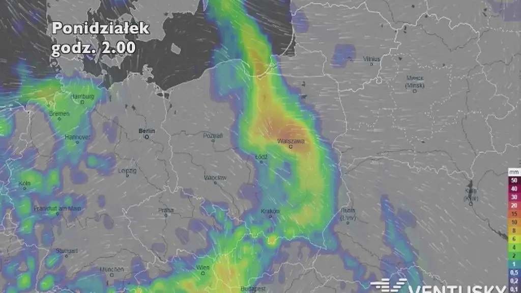 Prognoza opadów na pięć dni (ventusky