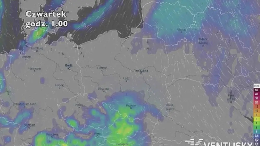 Prognoza opadów na pięć dni (ventusky