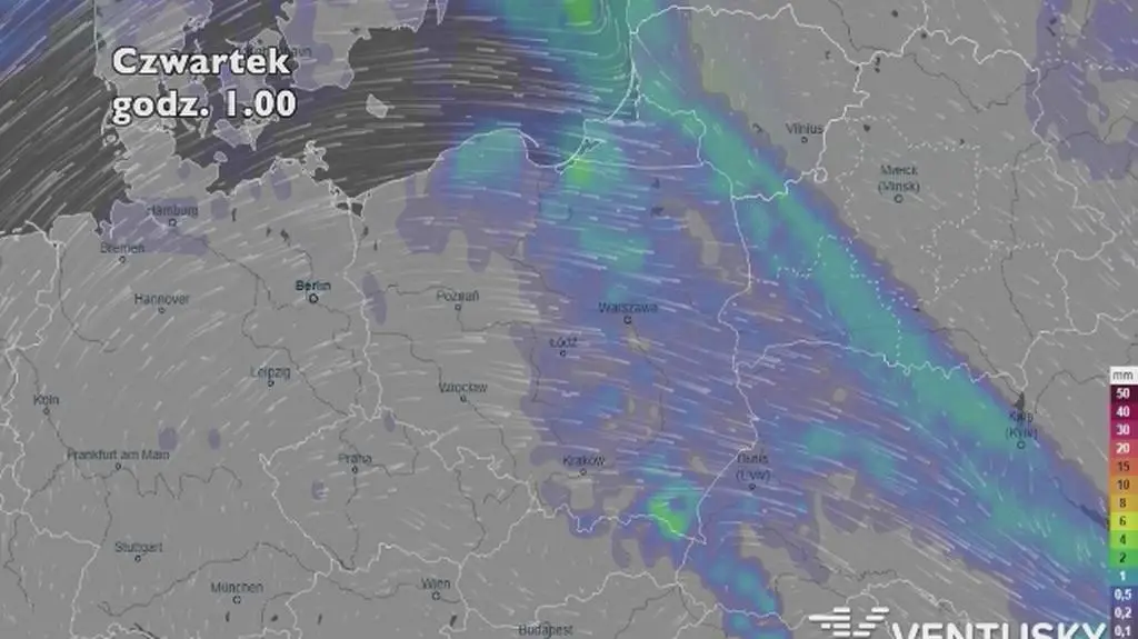 Prognoza opadów na pięć dni (ventusky