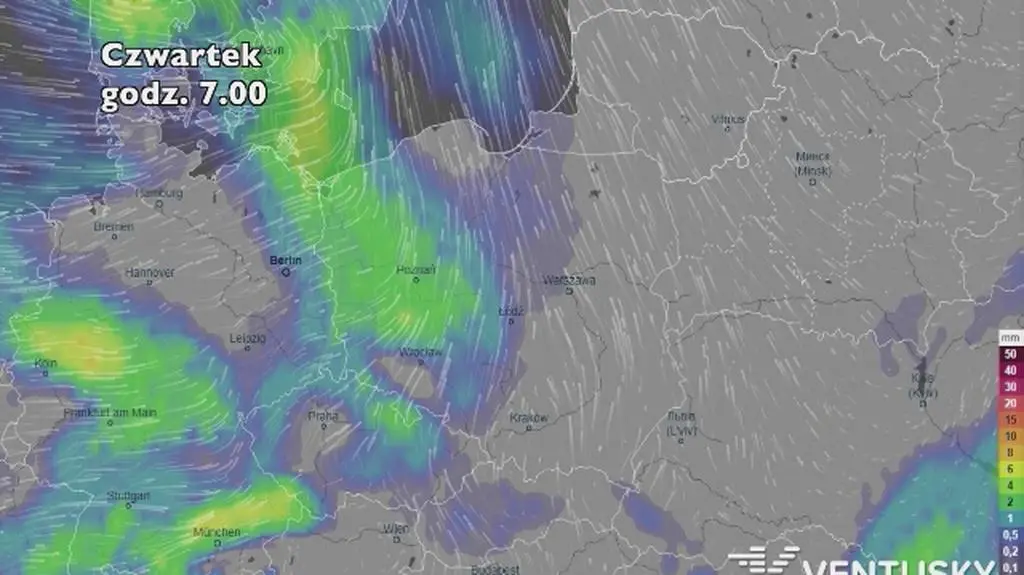 Prognoza opadów na pięć dni (ventusky