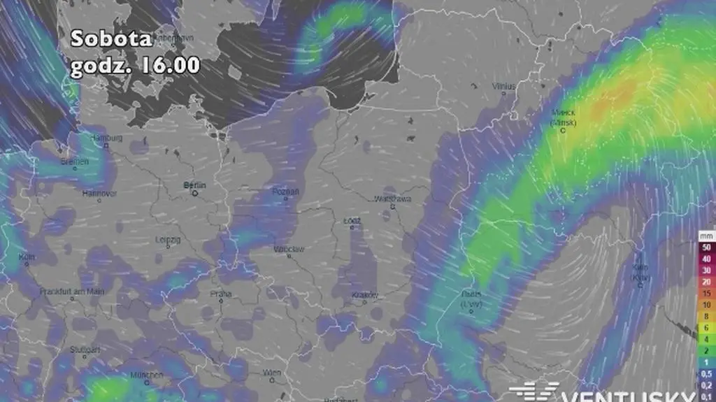 Prognoza opadów na pięć dni (ventusky